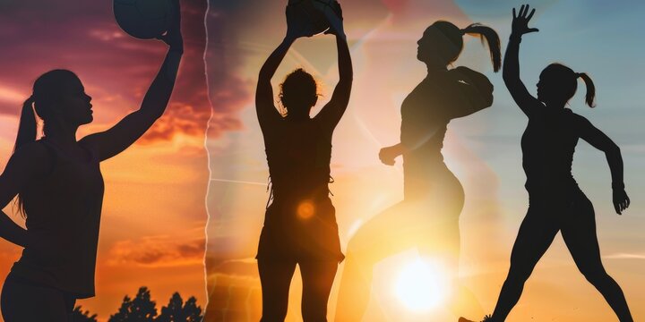 Four female athletes are silhouetted against a sunset sky, showcasing their athleticism and determination