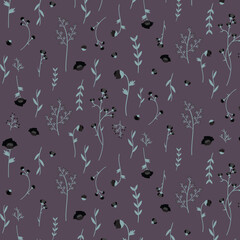 Modern contemporary Seamless pattern with ethereal wildflowers, leaves. vintage dry pressed wild flower plants, grass. Nature floral background. Texture for Cloth, Textile, Wallpaper, fashion prints