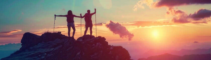 Two hikers with trekking poles stand triumphantly on a mountain peak at sunset, celebrating their achievement against a vibrant sky.