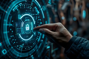 Hand interacting with a futuristic digital lock interface, perfect for cybersecurity, technology, and data protection themes, highlighting advanced security and innovation.