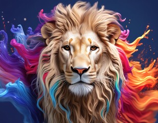 A majestic lion with a vibrant mane is depicted amidst colorful paint splashes