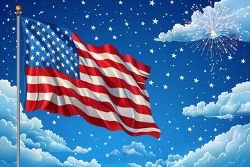 Close up of an illustration of a  glittery  American flag with blurred lights and fireworks in the background, bokeh. 4th of July celebration.