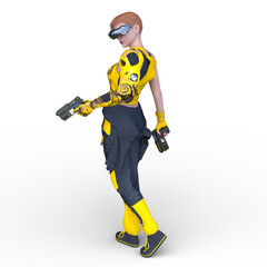 左腕がロボットアームのサイバーウーマン　3DCGレンダリング