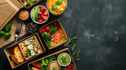 Healthy meal diet plan daily ready menu black background, fresh dishes in paper boxes, smoothie, fork knife on paper eco bag as food delivery service at home in office, flat lay, website photo banner