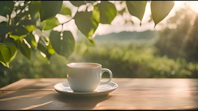 A white coffee cup with steam rising from it sits on a wooden table. The cup is placed on a saucer, and the table is surrounded by green leaves. Concept of relaxation and tranquility