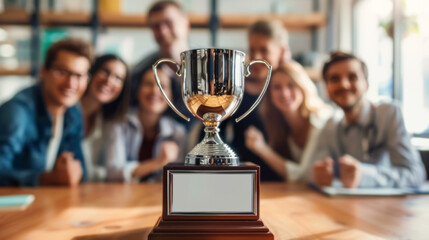 Team success trophy award ceremony. Celebrating team achievements with a trophy award ceremony. Group of happy people gathered together.