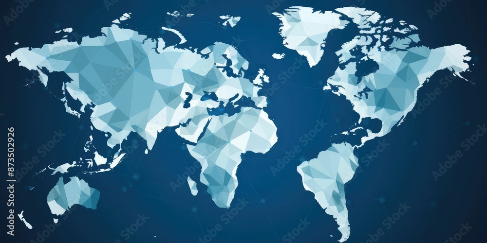 Poster digital world map in low poly design with network lines on a dark background. global network and con