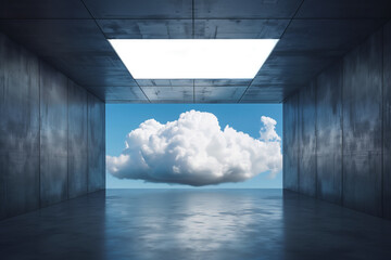 Surreal architecture with a giant cloud inside a metallic room. Generative AI image