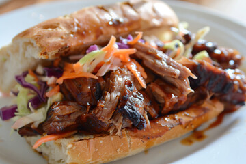 Close-up image of a delicious pulled pork sandwich. Generative AI image