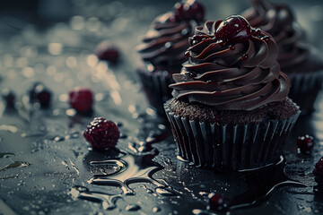 Gourmet chocolate cupcakes with shiny cherry topping. Generative AI image