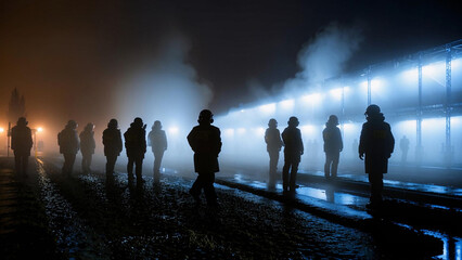 people standing in a line in the fog at night
