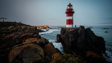 a lighthouse on a rocky cliff by the ocean