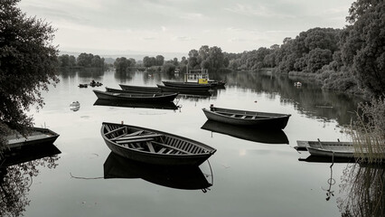 several boats are docked on the water near a tree lined shore