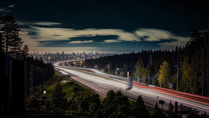 night time view of a highway with a city in the distance