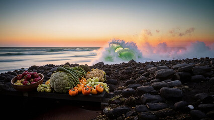 many different types of fruits and vegetables on the beach