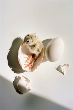 Chick emerging from broken egg under sunlight. Generative AI image
