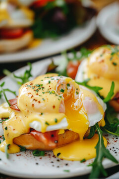 Gourmet eggs benedict with salmon and runny yolk. Generative AI image
