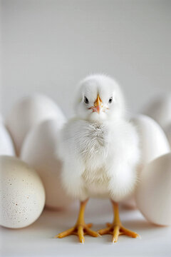 Fluffy chick standing amid eggs on a white background. Generative AI image