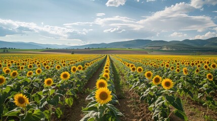 Fototapeta premium Planting a sunflower field sustainably with irrigation and sprinkler systems