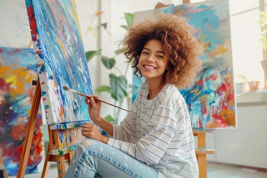 Woman painter in Artist studio. Art workshop of young african american girl paints. Student in class with canvas. Creative hobby. Black woman with easel, brush, abstract picture canvas. Happy painter