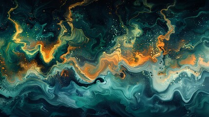 
An abstract painting with swirling shades of green, blue, and hints of orange, evoking a sense of mystery and depth. Ideal for themes of creativity, art, and abstract expression.