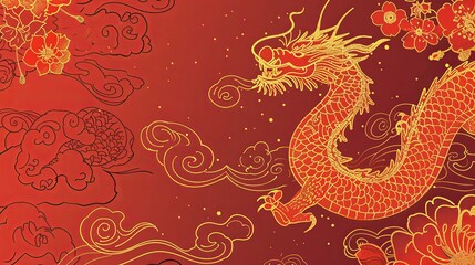 Golden Dragon Soaring Through Red Clouds for Lunar New Year