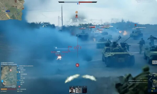 War Video Game Battle Scene. Tanks and Explosions - Payer playing Computer Shooter Game, Digital Gaming Gameplay Footage 
