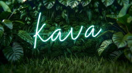 "Kava" text neon sign for a kava bar surrounded by cute minimalistic natural background