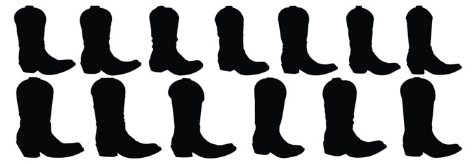 Cowboy Boot silhouettes set, pack of vector silhouette design, isolated background