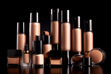 Many bottles of makeup foundation on dark background. Cosmetic product presentation. Copy space, nude colors