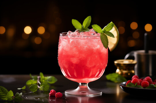 A vibrant summer raspberry cocktail featuring a refreshing mix of berry juice, crushed ice, mint leaves, and a lime slice, set against a blurred dark background surrounded with fresh raspberries and h