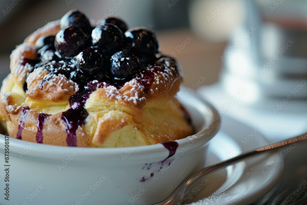 Poster Close-up of a gourmet blueberry souffle served in a white ramekin, sprinkled with powdered sugar