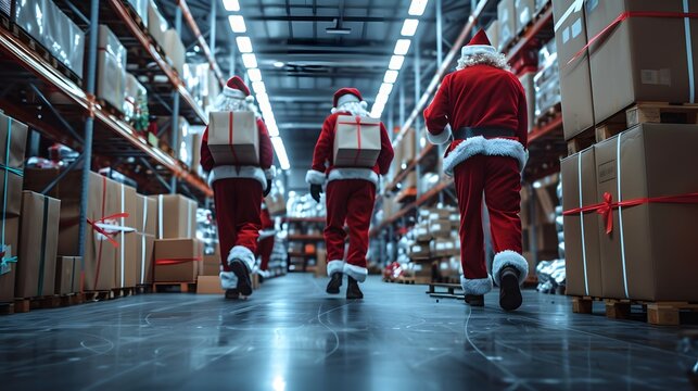 Many busy Santa Clauses packing gift boxes preparing fast xmas delivery. Three funny Santas walking in workshop warehouse in Merry Christmas rush delivering presents during holiday preparations. 