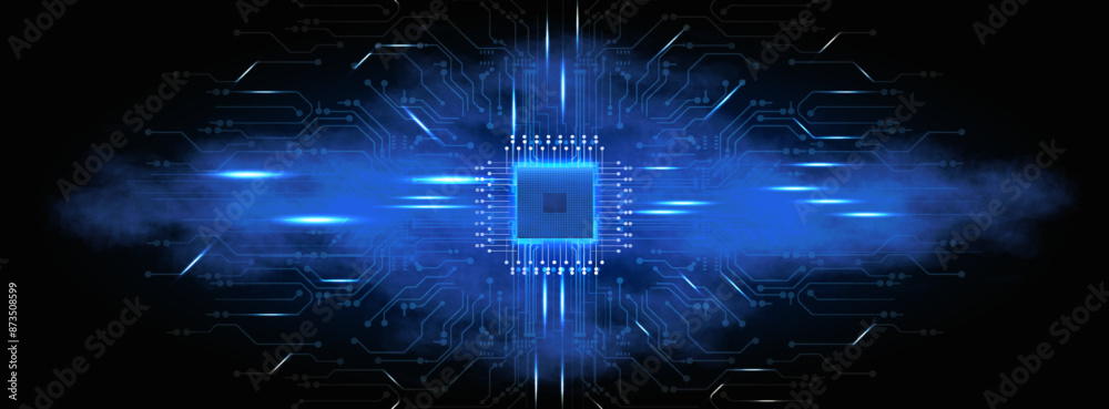 Poster high-tech cpu on circuit board with glowing blue patterns