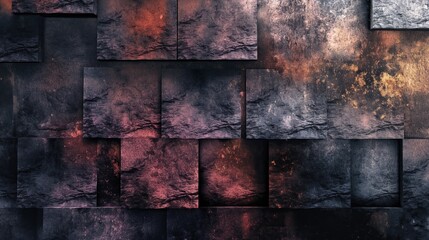 A dark, textured background made of square stone tiles with hints of red and orange.
