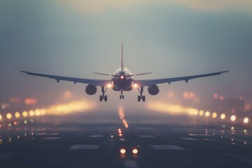 Commercial aircraft gracefully descends for a safe twilight landing on the illuminated runway. Surrounded by mist and atmospheric haze