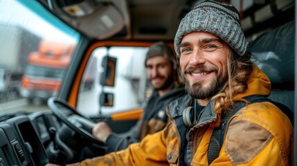 This image showcases two joyful truck drivers within a truck cab, donned in warm attire, including beanie hats and jackets, ready to embark on or continue their travel adventure.