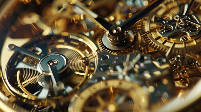 Very detailed close-up shot of a luxury watch movement in shiny gold.