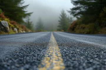 Fototapeta premium Close-up of a wet asphalt road leading into a foggy forest, focusing on the yellow line