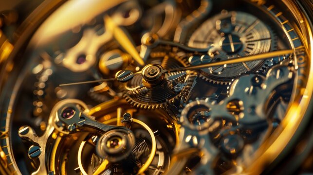 Very detailed close-up shot of a luxury watch movement in shiny gold.