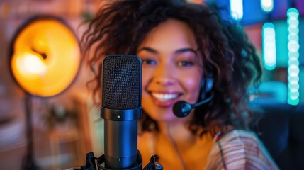 Woman with smiling face, wearing a headset, ready to record a podcast in a vibrant studio with professional microphone setup, capturing the essence of podcasting.