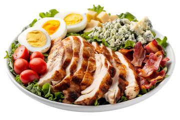 Cobb Salad with Grilled Chicken, Bacon, Hard-Boiled Eggs, and Cheese | Isolated on Transparent & White Background | PNG File with Transparency