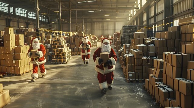 Many busy Santa Clauses packing gift boxes preparing fast xmas delivery. Three funny Santas walking in workshop warehouse in Merry Christmas rush delivering presents during holiday preparations. 