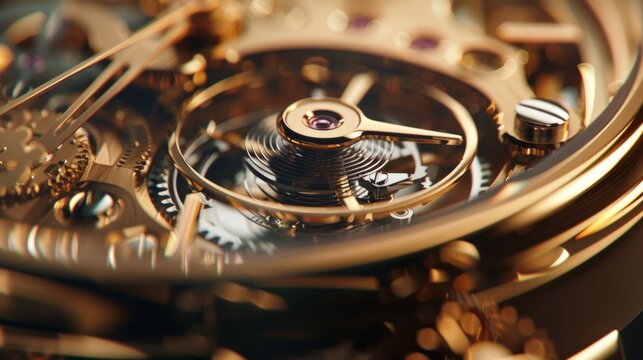 Very detailed close-up shot of a luxury watch movement in shiny gold.