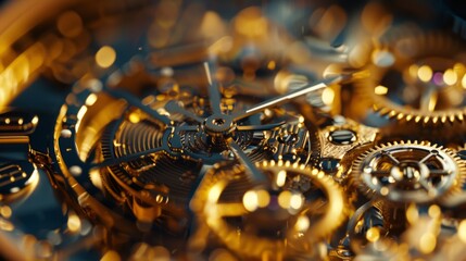 Very detailed close-up shot of a luxury watch movement in shiny gold. 