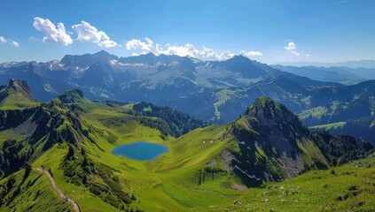 Obraz premium Panoramic View of a Mountain Lake and Peaks