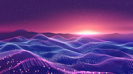 Abstract vector futuristic digital landscape with particles, dots, and stars on the horizon, depicting a geometric computerized connection. 
