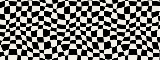 Pattern psychedelic checkerboard. Groovy retro wavy checkered texture. Psychedelic modern playful black and white background. Retro graphic y2k design. Twisted and distorted trendy vector illustration