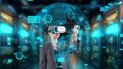 Businesswoman selecting change dynamic market data world scattering graph analysis monitor VR global innovation interface digital infographic network technology visual hologram animation. Contraption.