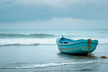 Naklejka premium Tranquil scene of a blue boat resting on the wet sand against a soft ocean backdrop
